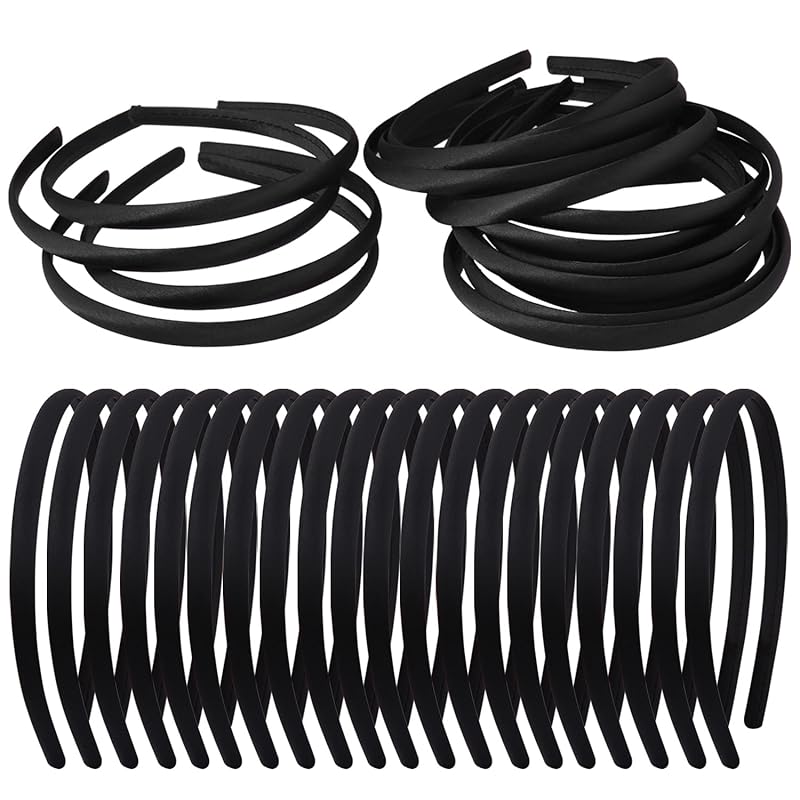 20 Pcs Black Satin Covered Thin Plastic Headbands for Women Girls Plai