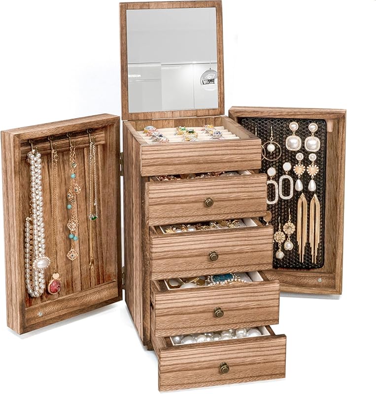 Meangood Large Torched Wood Jewelry Box for Women, 5-Layer Organizer w