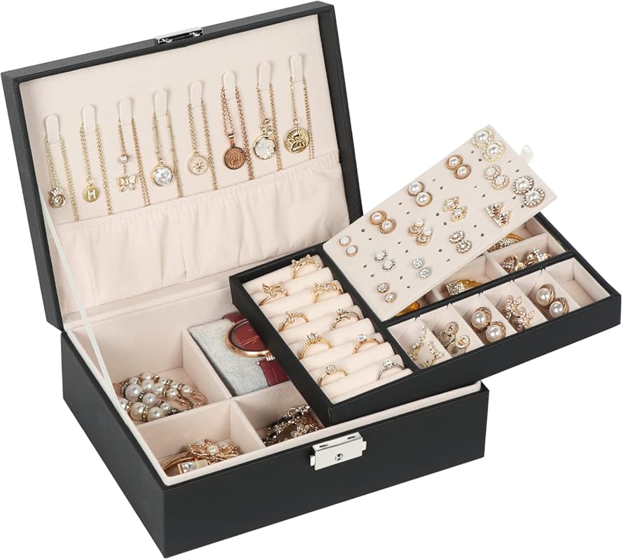 2-Layer PU Leather Jewelry Box Organizer for Women, Lockable Case with