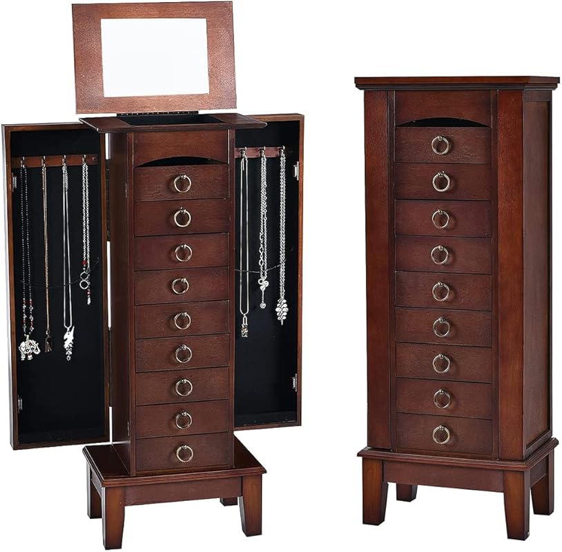 FANTASK Wooden Standing Jewelry Armoire Cabinet with Flip Mirror, 9 Dr