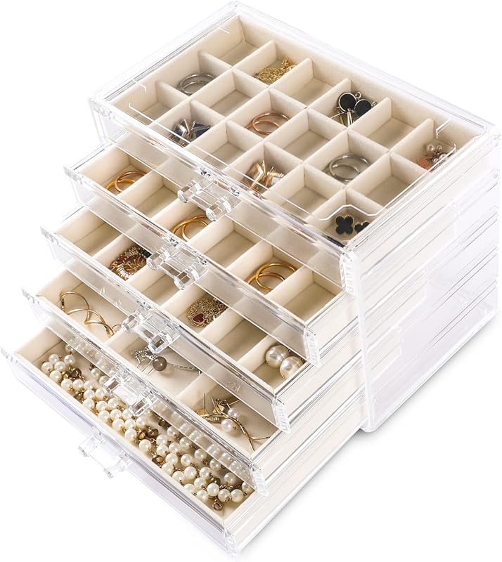 Frebeauty Beige Clear Acrylic Earring Organizer Box with 5 Velvet Draw