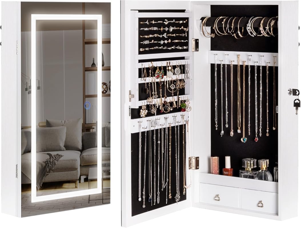 LAVIEVERT Wall/Door Mounted Jewelry Armoire Cabinet with LED Mirror, 3