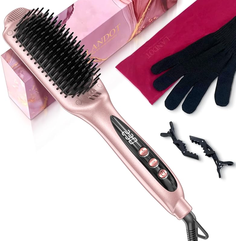 LANDOT Ionic Ceramic Hair Straightener Brush with 12 Heat Settings for