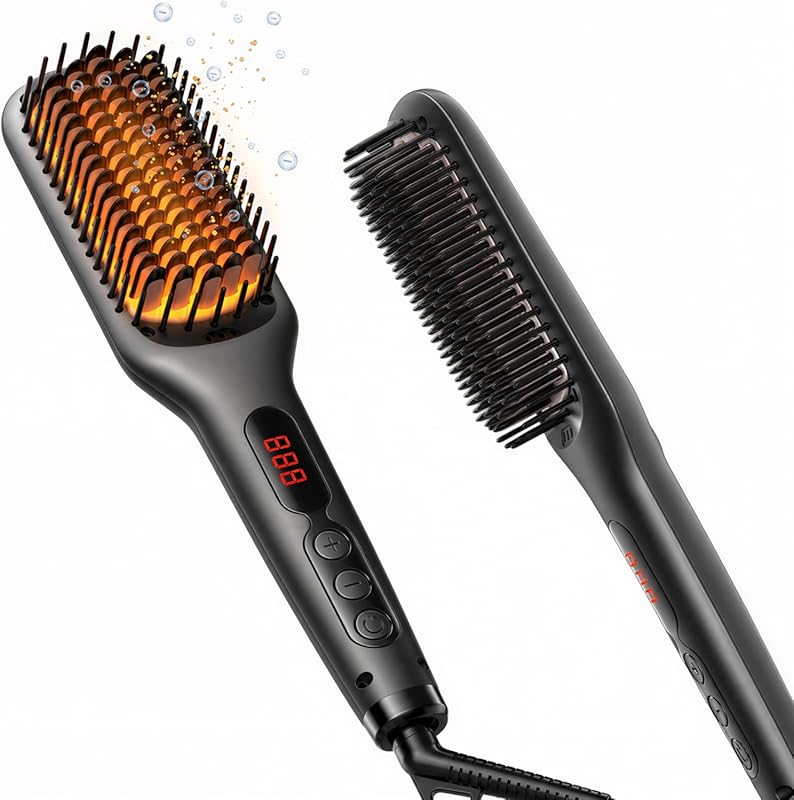 MEGAWISE Pro Ceramic Ionic Hair Straightener Brush with 20s Heating, A