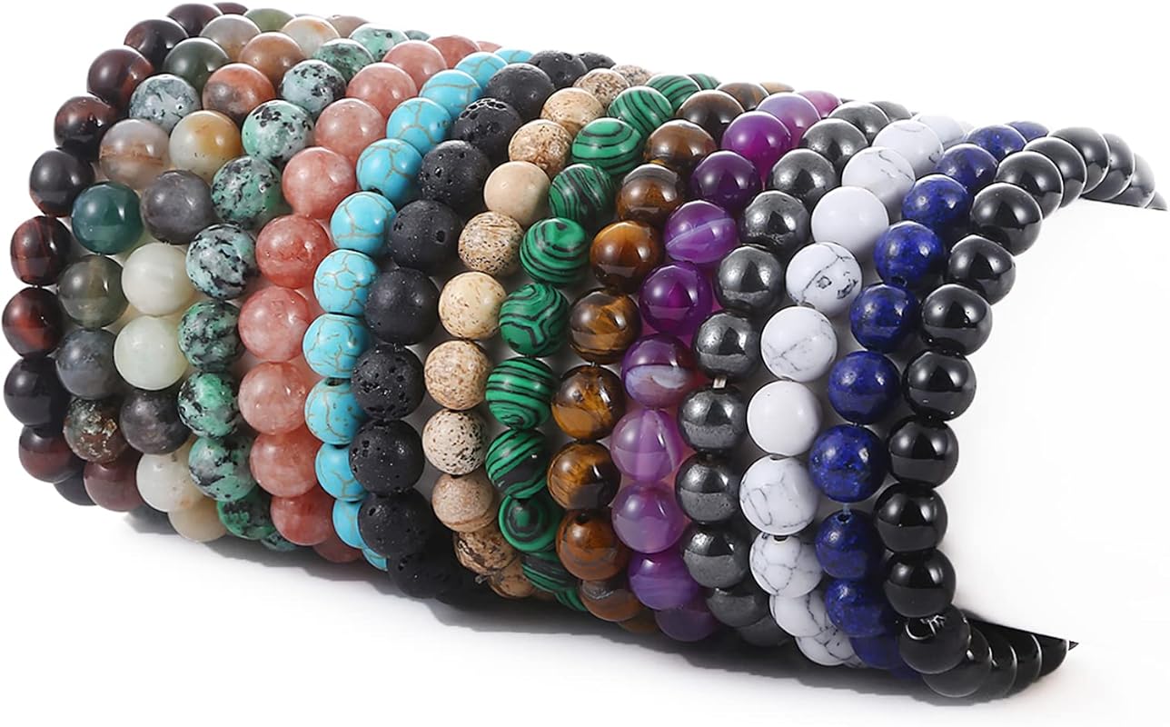 SONNYX 15-Piece 8mm Semi-Precious Gemstone Stretch Beaded Bracelet Set