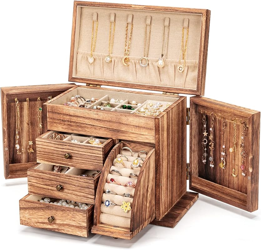 Poyilooo Rustic Solid Wood Jewelry Box Organizer for Women, Carbonized
