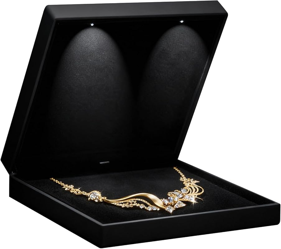 Allure Large LED Necklace Box, Luxury Black Velvet Jewelry Display Cas