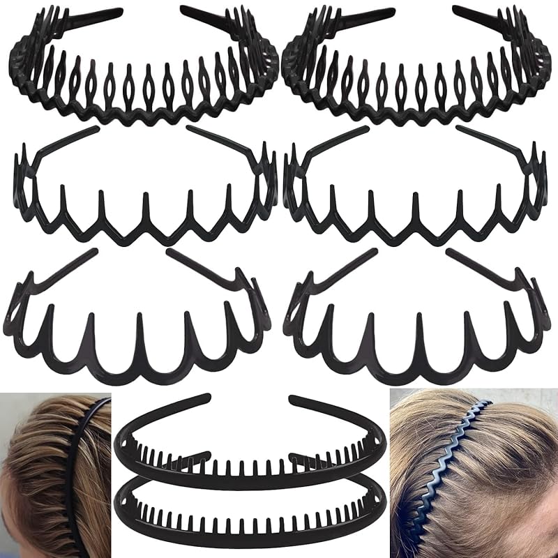 ULTIMUTE 8 Pcs No Slip Skinny Plastic Headbands with Teeth, Matte Blac