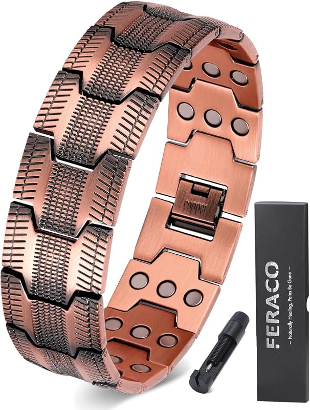 Feraco Men's 99.99% Pure Copper Magnetic Bracelet with 3-Row Neodymium