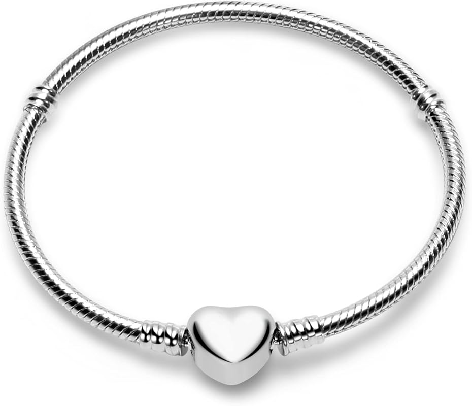 925 Sterling Silver Heart Clasp Snake Chain Charm Bracelet for Women F