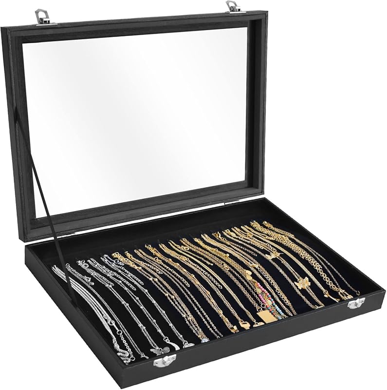 Siveit Premium 20-Hook Necklace Organizer Box, Jewelry Tray with Trans