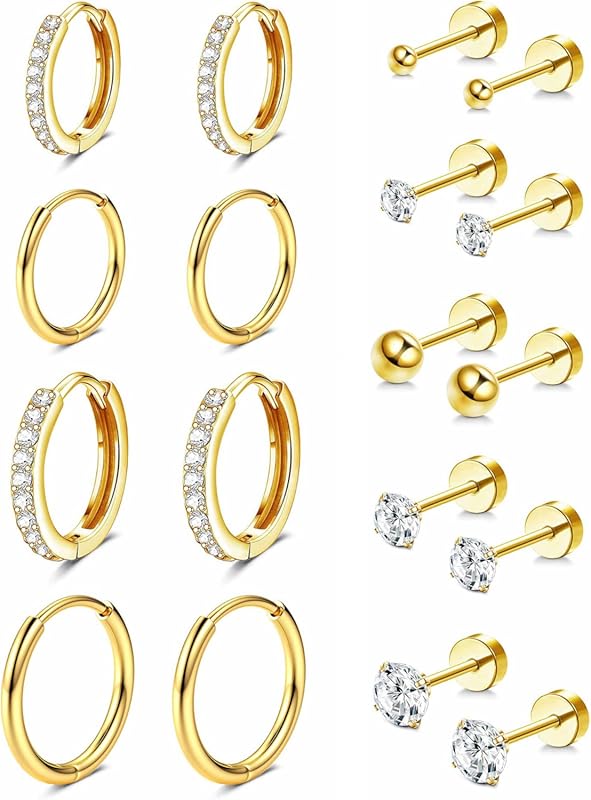 Jstyle Hypoallergenic 14K Gold Plated Huggie Hoop & Flat Back Stud Ear