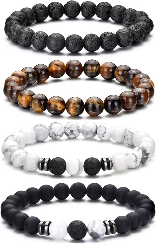 RANKEEF Men's 8MM Tiger Eye and Lava Rock Stone Beaded Stretch Bracele