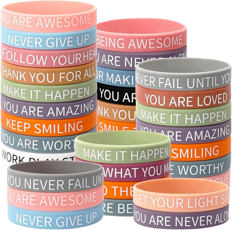 JUNEBRUSHS 64pcs Motivational Quote Silicone Bracelets Bulk Colored In