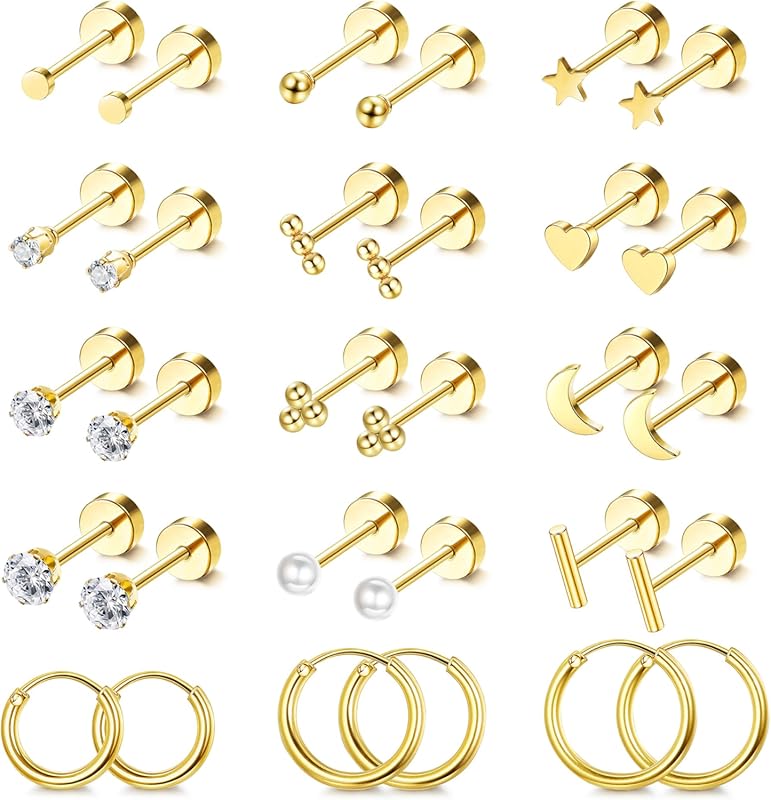 LOLIAS Small Hypoallergenic Flat Back Cartilage Studs, 14K Gold Plated