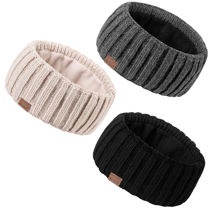 MUTKIS 3-Pack Winter Headbands for Women – Wool Knit Thick Fleece Line