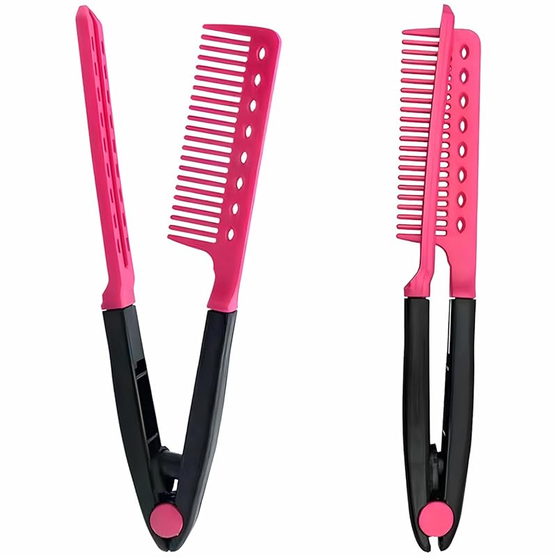 2-Pack Pink Hair Straightening Flat Iron Comb Set with Firm Grip, Idea