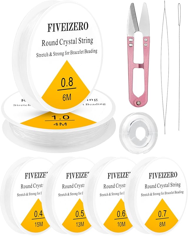 FIVEIZERO 6-Pack Elastic Bead String Set, 0.4mm to 1mm Crystal Clear S