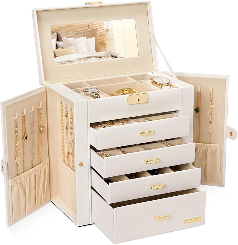 Homde Huge White Gold Synthetic Leather Jewelry Box, Mirrored Lockable