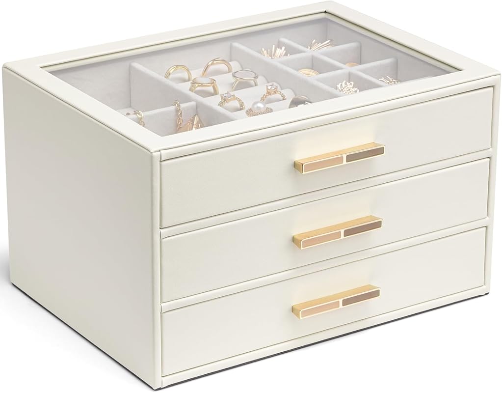 VLANDO Women's Jewelry Box Organizer with Glass Lid, 3 Drawers for Nec