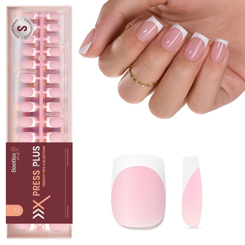 Beetles French Tips Press On Nails Pink Short Square Fake Nails 150 Pc
