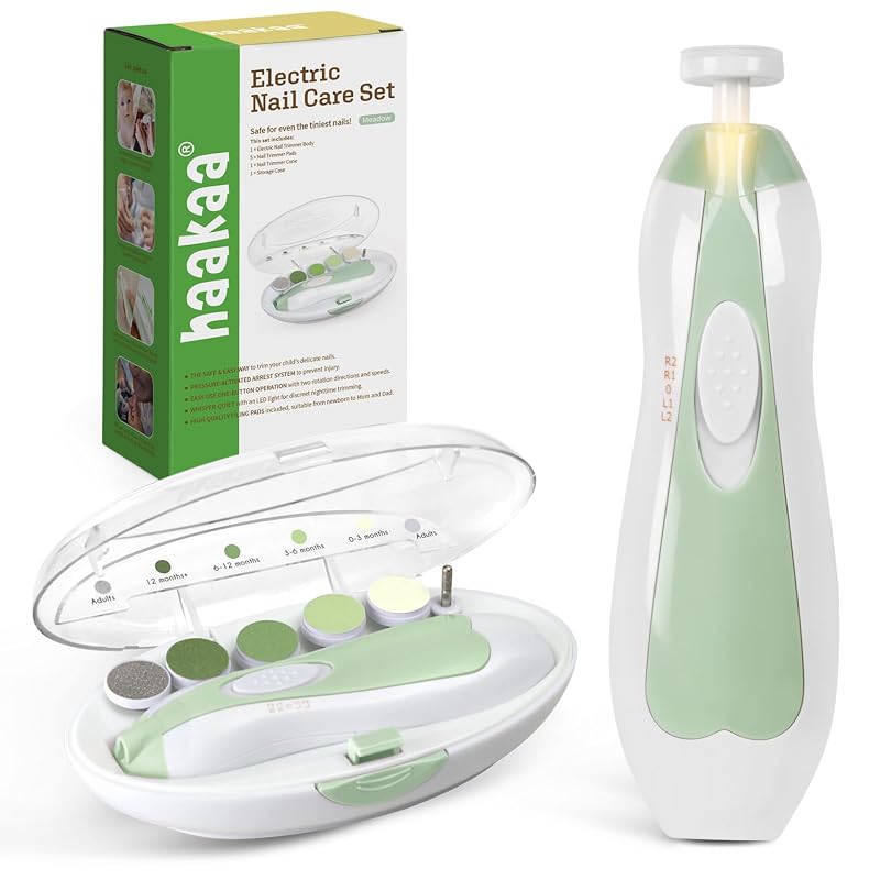 haakaa Electric Baby Nail File with LED Light, 6 Replacement Heads, Sa