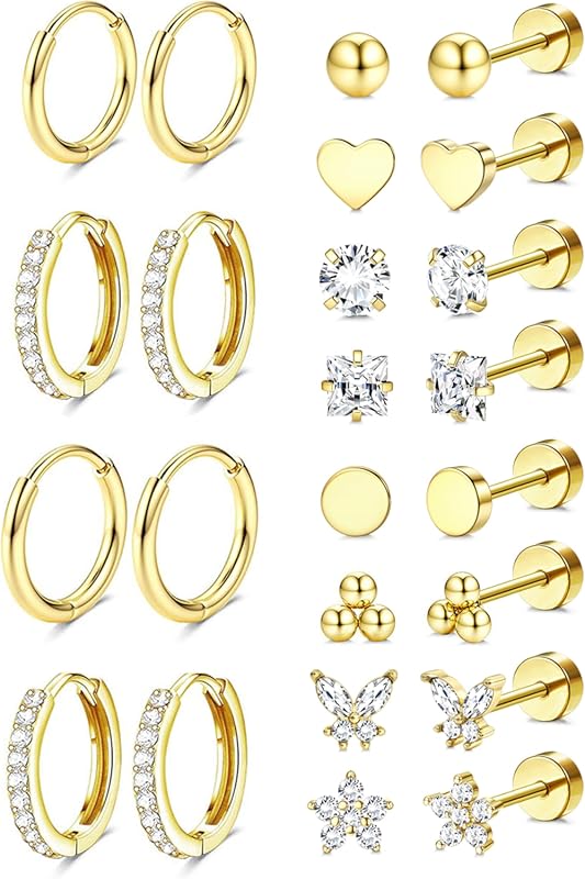 Jstyle Hypoallergenic Flat Back Cartilage Stacks, 14K Gold Plated Surg