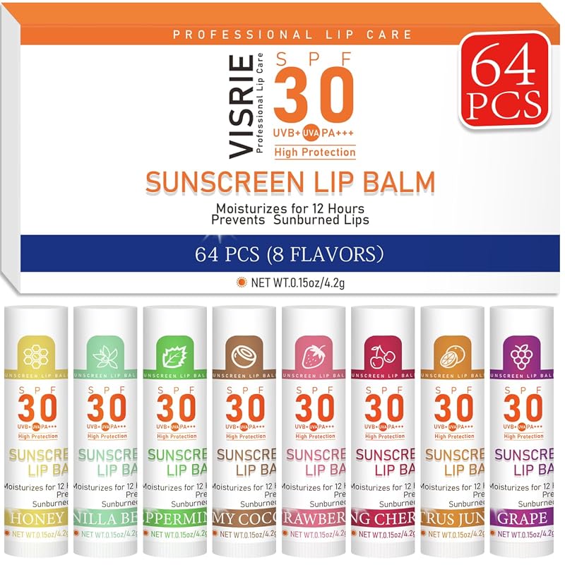 Bulk SPF 30 Sunscreen Lip Balm 64 Pack with Vitamin E and Coconut Oil
