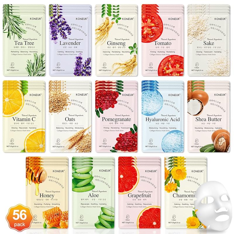 KONEUK 56 Pack Sheet Face Mask Set - Hydrating Skincare Spa Gift for A