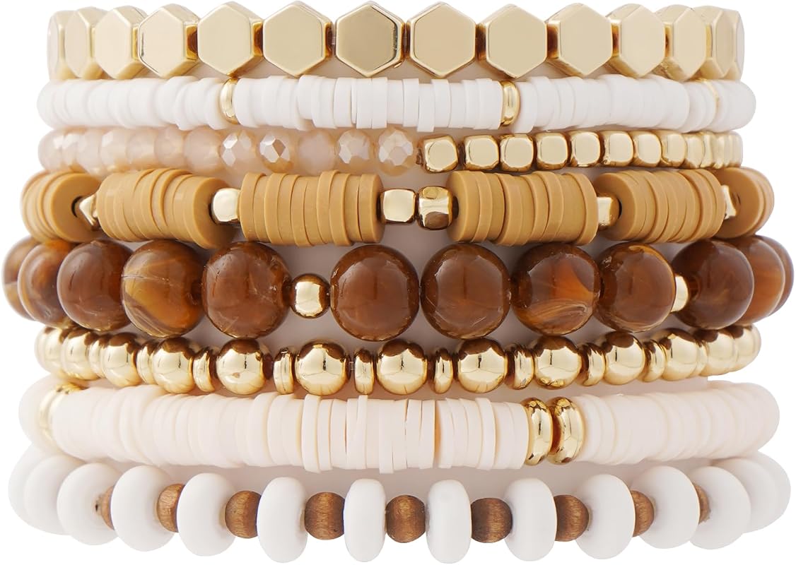 GOOJIDS Gold Plated Heishi Clay Bead Stretch Bracelet Set for Women, S