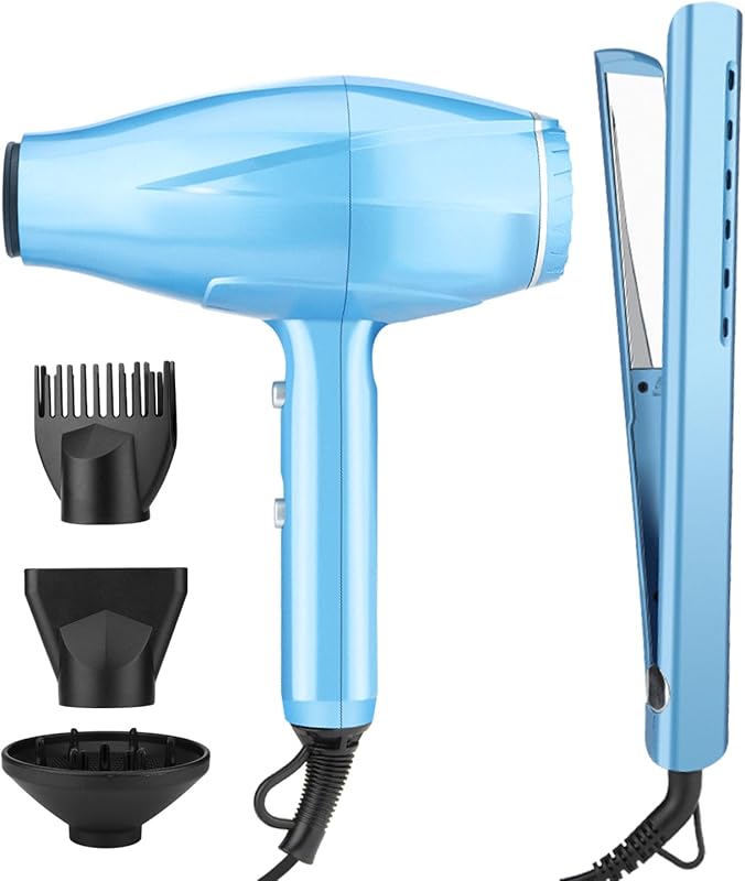 Generic 2-in-1 Titanium Flat Iron & Ionic Blow Dryer Set with Diffuser