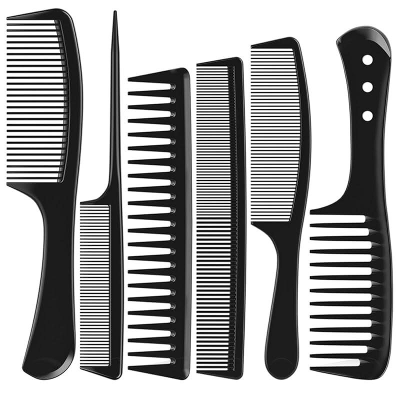 Kolavia 6 PCS Hair Comb Set Black: Wide, Fine Tooth for Detangling, St