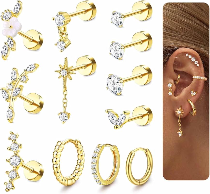 LOLIAS 16 Gauge Flat Back Cartilage Earrings, Hypoallergenic Surgical