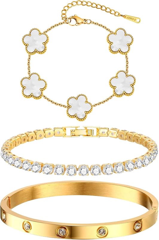 3Pcs 18K Gold Plated Floral Bracelet Set - Stainless Steel Non-Tarnish