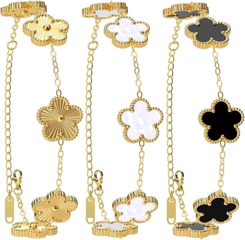 AICase 18K Gold Plated Lucky Clover Bracelet Set for Women - White, Bl