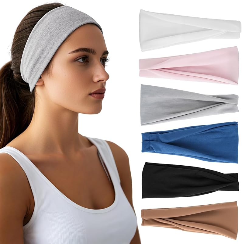 6 Pack Wide Elastic Stretchy Headbands for Women, Non-Slip for Workout