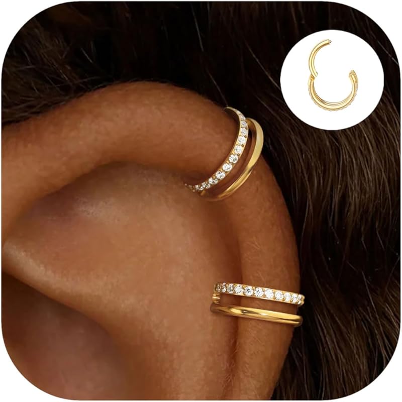2 PCS Small Cartilage Double-Hoop Piercing Earrings for Women, 14K Gol