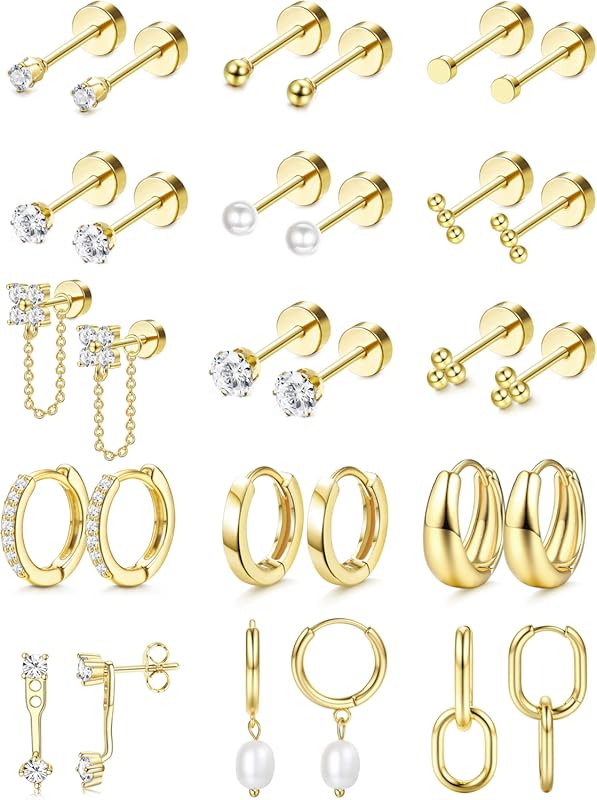 LOLIAS Hypoallergenic Flat Back Cartilage Earring Sets, 14K Gold Plate