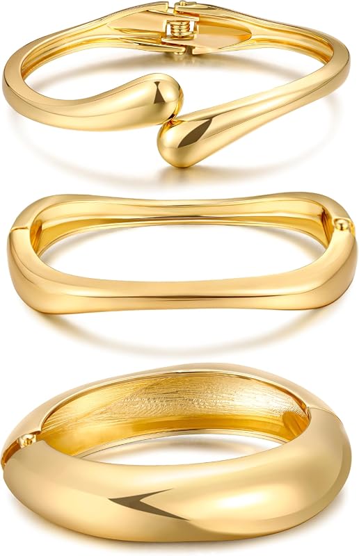 Chunky Gold Bangle Bracelet Set for Women, 14K Gold Plated Stackable S