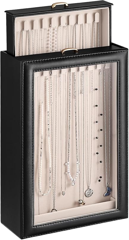 Lolalet 2-Layer 20-Hook Necklace Organizer Box with Clear Window for T