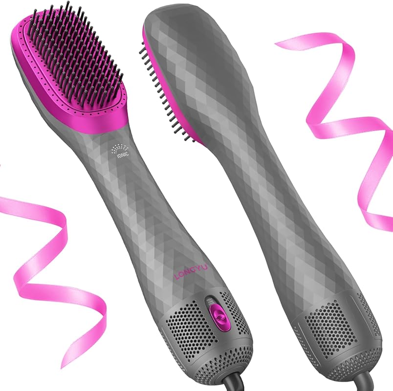 Longyu 3-in-1 Hair Dryer Brush Straightener: 1200W Negative Ionic Hot 