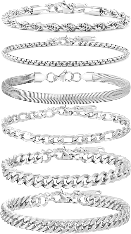 Men's 6-Piece Stainless Steel Cuban Link Chain Bracelet Set – Adjustab