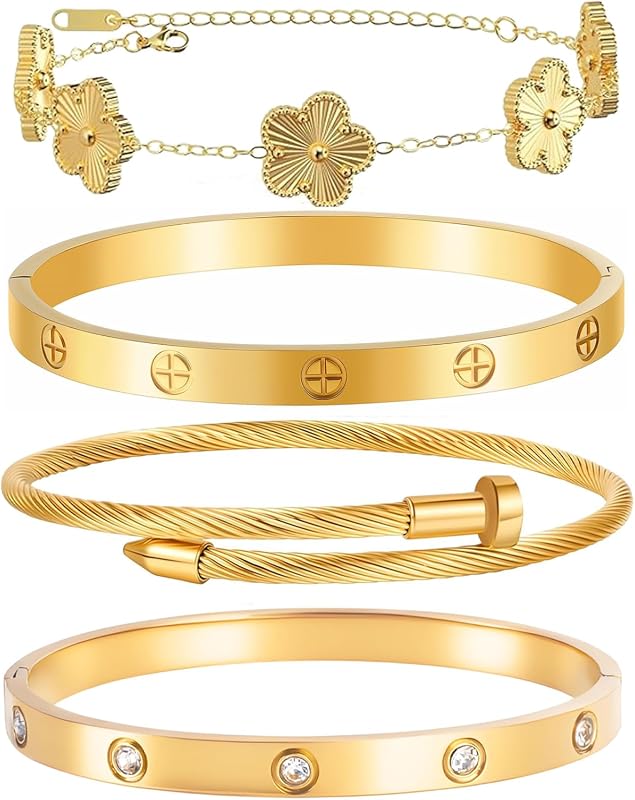 4Pcs 18K Gold Plated Floral Bracelet Set - Stainless Steel Non-Tarnish