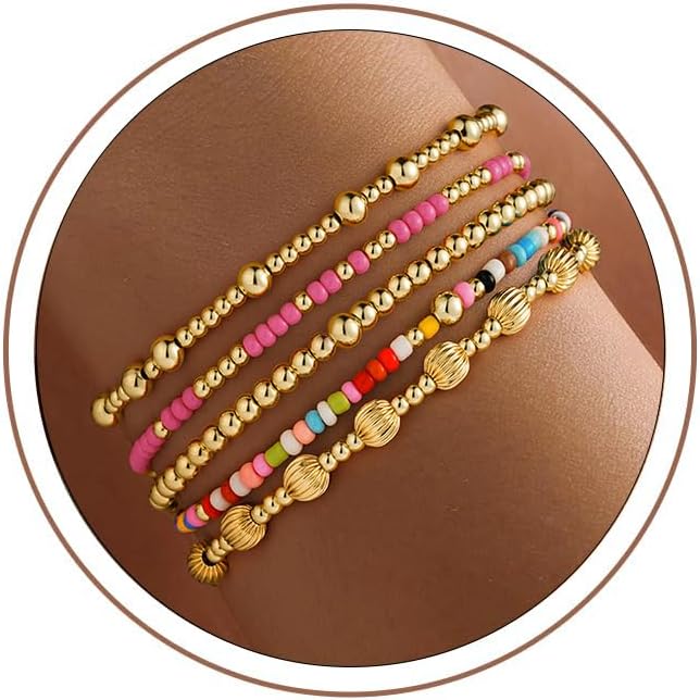 Turandoss 14K Gold Plated Stackable Beaded Bracelet Set with Turquoise