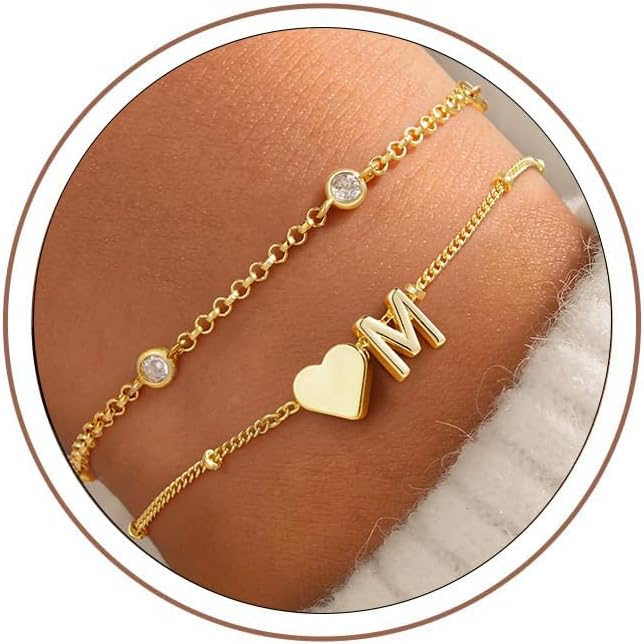 Turandoss 14K Gold Plated Layered Heart Initial A-Z Charm Letter Bracelet