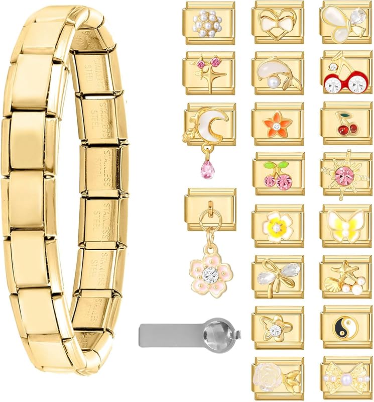 9mm Italian Modular Charm Bracelet Set with Starter Link and 9 Interchangeable Charms