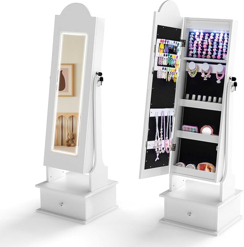 INFANS Kids Unicorn Standing Jewelry Armoire Cabinet with LED Lights, 