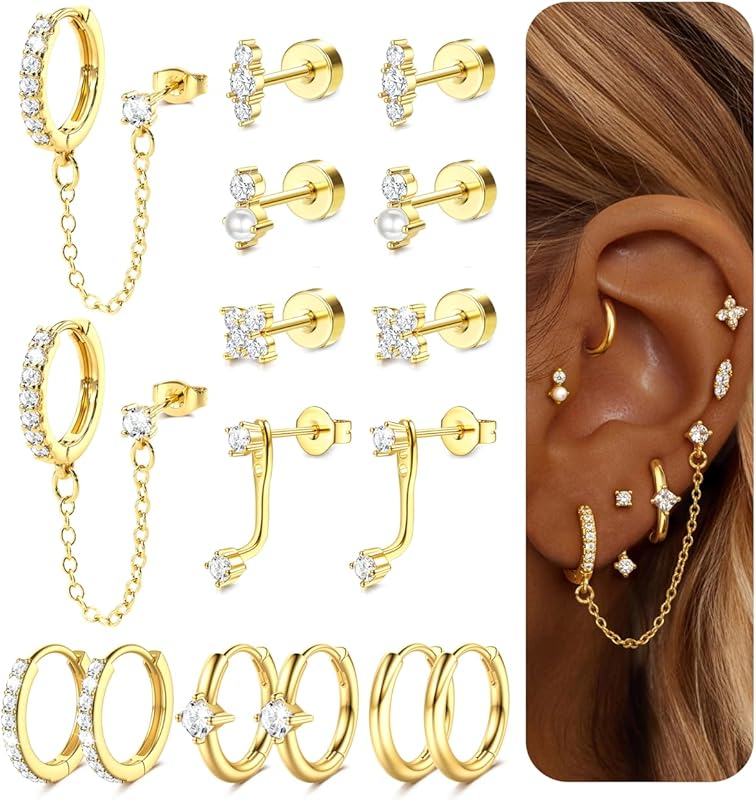Dochais Hypoallergenic 14K Gold Plated Flat Back Stud Hoop Cartilage E