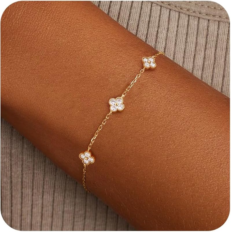 Birthstone Gold Clover Bracelet 14K Gold Plated Dainty Stackable Frien