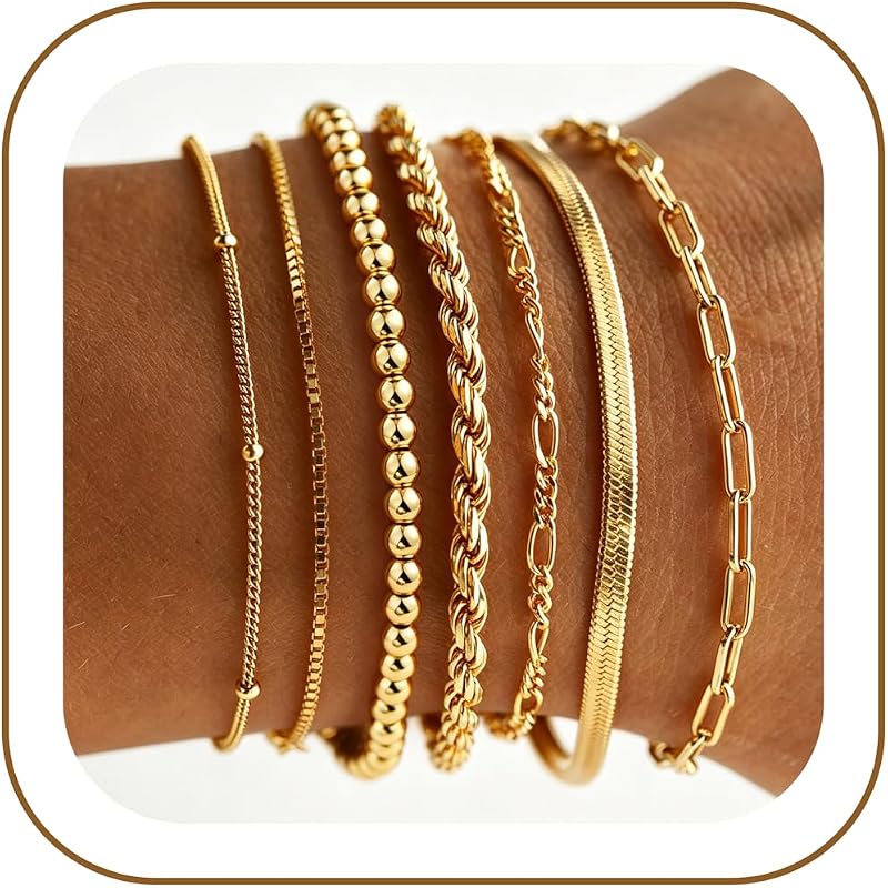 MMOOHAM 7-Piece Gold Bracelet Set for Women, 14K Gold Plated Beaded Ro